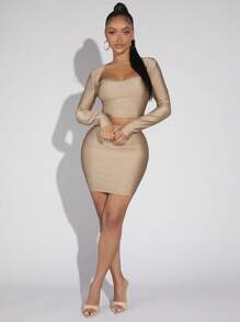 SHEIN SXY Solid Crop Tee & Bodycon Skirt - Apricot - View 5