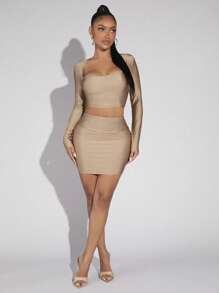 SHEIN SXY Solid Crop Tee & Bodycon Skirt - Apricot - View 7