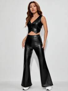 SHEIN EZwear Nút phía trước chất liệu da PU Áo ba lỗ & Quần ống loe - màu đen - Xem 5