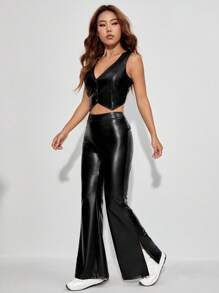 SHEIN EZwear Nút phía trước chất liệu da PU Áo ba lỗ & Quần ống loe - màu đen - Xem 6