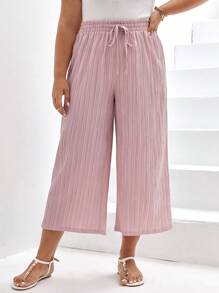 SHEIN Frenchy Talla grande Pantalones de pierna ancha de cintura con cordón plisado - Rosa - Ver 1