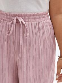 SHEIN Frenchy Talla grande Pantalones de pierna ancha de cintura con cordón plisado - Rosa - Ver 3