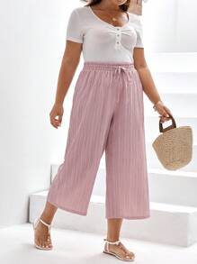 SHEIN Frenchy Talla grande Pantalones de pierna ancha de cintura con cordón plisado - Rosa - Ver 4