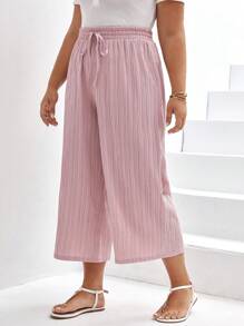 SHEIN Frenchy Talla grande Pantalones de pierna ancha de cintura con cordón plisado - Rosa - Ver 5