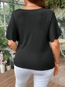 Celure Talla grande Camiseta ribete en abanico fruncido delantero de manga mariposa - Negro - Ver 2