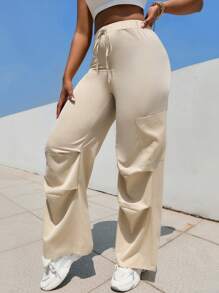 SHEIN Slayr 腰部抽繩口袋貼布闊腿褲 - 杏色 - 查看 1