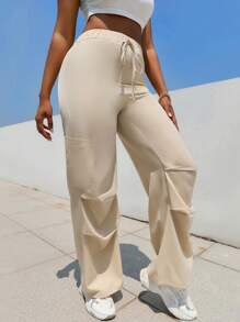 SHEIN Slayr 腰部抽繩口袋貼布闊腿褲 - 杏色 - 查看 6