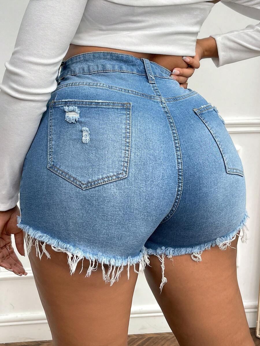 SHEIN SXY Talla grande Shorts mezclilla desgarro bajo crudo - Azul lavado medio - Ver 1