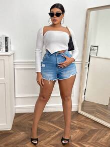 SHEIN SXY Talla grande Shorts mezclilla desgarro bajo crudo - Azul lavado medio - Ver 3