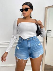 SHEIN SXY Talla grande Shorts mezclilla desgarro bajo crudo - Azul lavado medio - Ver 4