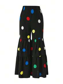 SHEIN Clasi Plus Polka Dot Print Ruffle Hem Flare Leg Pants - Black - View 1