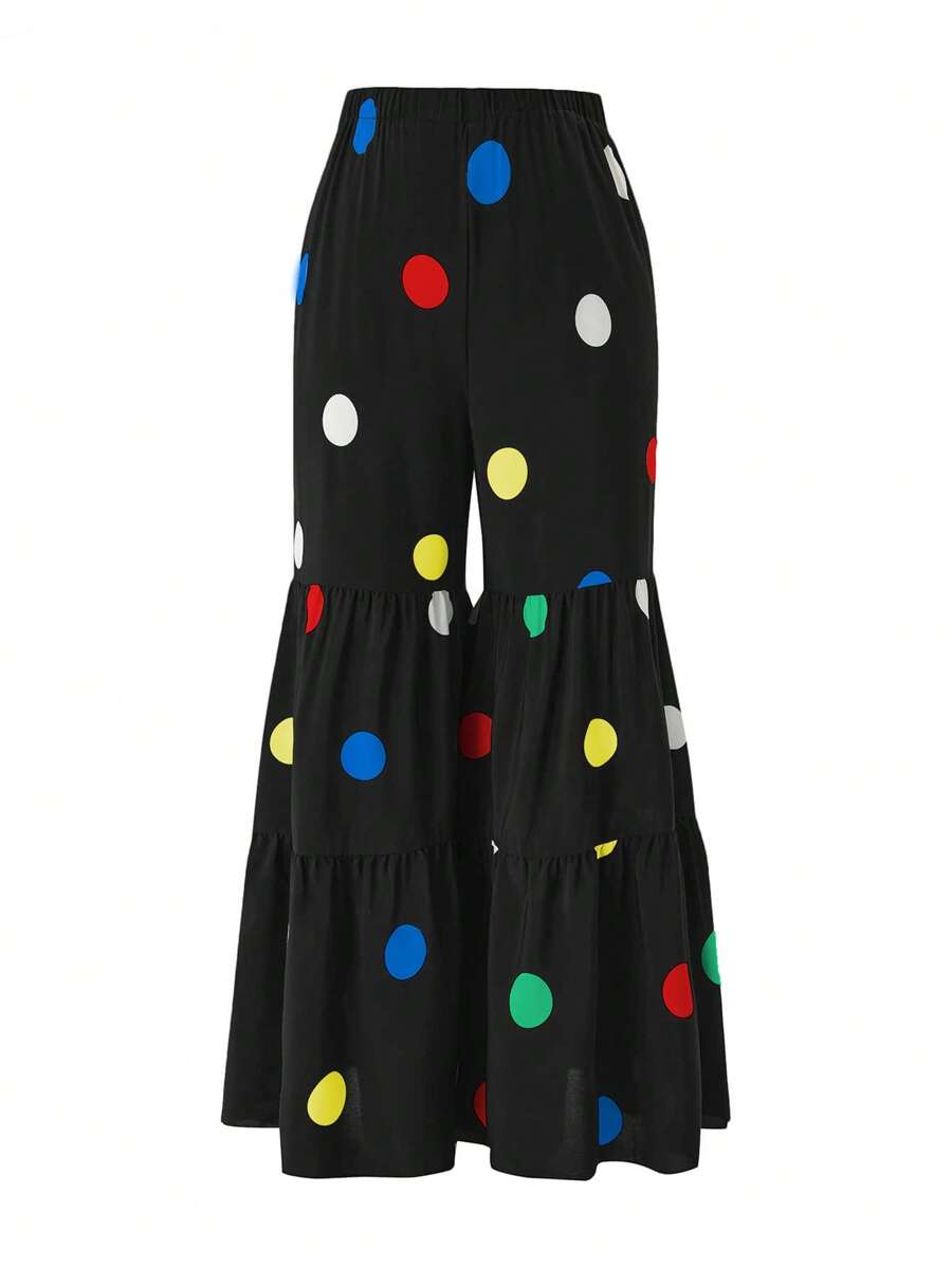 SHEIN Clasi Plus Polka Dot Print Ruffle Hem Flare Leg Pants - Black - View 1