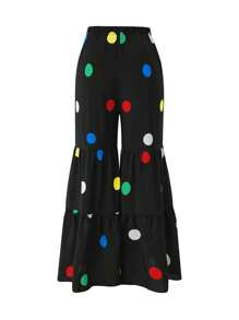 SHEIN Clasi Plus Polka Dot Print Ruffle Hem Flare Leg Pants - Black - View 2