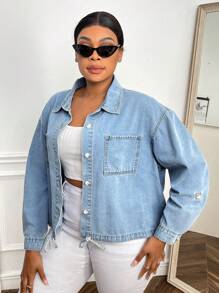 SHEIN SXY Talla grande Camisa mezclilla con doble bolsillo bajo con cordón - Lavado ligero - Ver 6