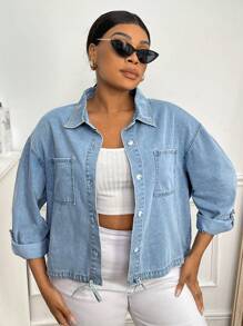 SHEIN SXY Talla grande Camisa mezclilla con doble bolsillo bajo con cordón - Lavado ligero - Ver 5