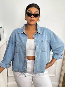 SHEIN SXY Talla grande Camisa mezclilla con doble bolsillo bajo con cordón - Lavado ligero - Ver 3