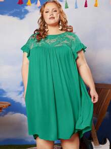 SHEIN CURVE+ Hơn Ren tương phản tay áo lá sen Đầm - màu xanh lá - Xem 2