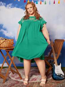 SHEIN CURVE+ Hơn Ren tương phản tay áo lá sen Đầm - màu xanh lá - Xem 3