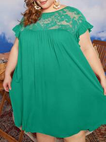 SHEIN CURVE+ Hơn Ren tương phản tay áo lá sen Đầm - màu xanh lá - Xem 5