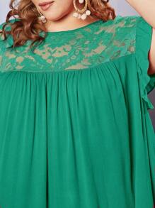 SHEIN CURVE+ Hơn Ren tương phản tay áo lá sen Đầm - màu xanh lá - Xem 7