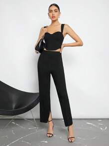 BizChic 素色吊帶短上衣&下擺開叉長褲 - 黑色 - 查看 1