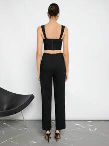 BizChic 素色吊帶短上衣&下擺開叉長褲 - 黑色 - 查看 2