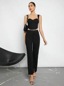 BizChic 素色吊帶短上衣&下擺開叉長褲 - 黑色 - 查看 3