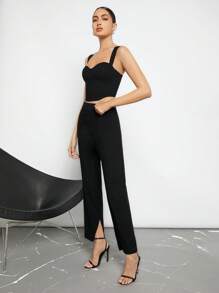 BizChic 素色吊帶短上衣&下擺開叉長褲 - 黑色 - 查看 4