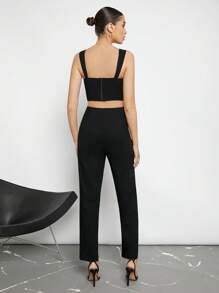 BizChic 素色吊帶短上衣&下擺開叉長褲 - 黑色 - 查看 5