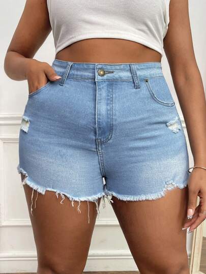 SHEIN SXY 大碼破洞毛邊牛仔短褲
