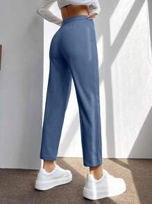 SHEIN PETITE 素色接縫細節九分長褲 - 霧霾藍 - 查看 2