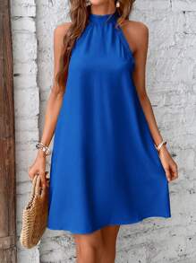 SHEIN LUNE Solid Tie Back Halter Neck Tunic Dress - Royal Blue - View 5