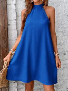 SHEIN LUNE Solid Tie Back Halter Neck Tunic Dress - Royal Blue - View 6