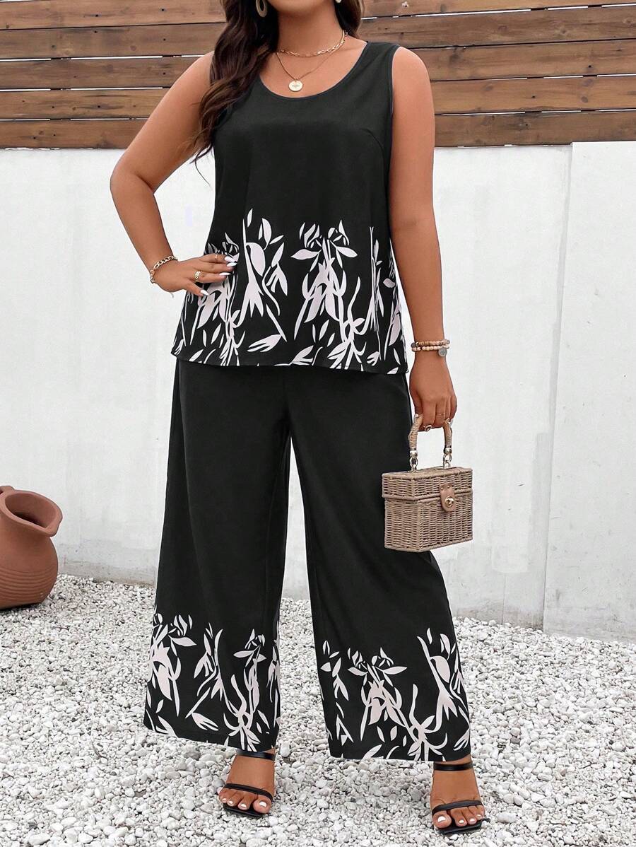 SHEIN LUNE Plus Graphic Print Tank Top & Wide Leg Trousers - Black - View 1