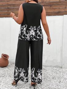 SHEIN LUNE Plus Graphic Print Tank Top & Wide Leg Trousers - Black - View 2