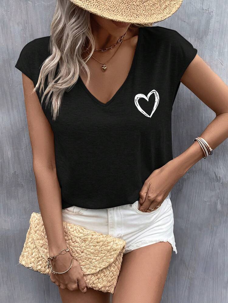 Summer Outfits Heart Print Batwing Sleeve Tee,Casual