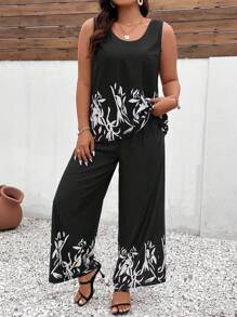 SHEIN LUNE Plus Graphic Print Tank Top & Wide Leg Trousers - Black - View 4