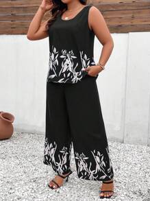 SHEIN LUNE Plus Graphic Print Tank Top & Wide Leg Trousers - Black - View 5