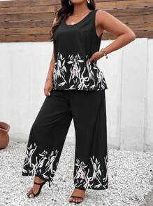 SHEIN LUNE Plus Graphic Print Tank Top & Wide Leg Trousers - Black - View 6