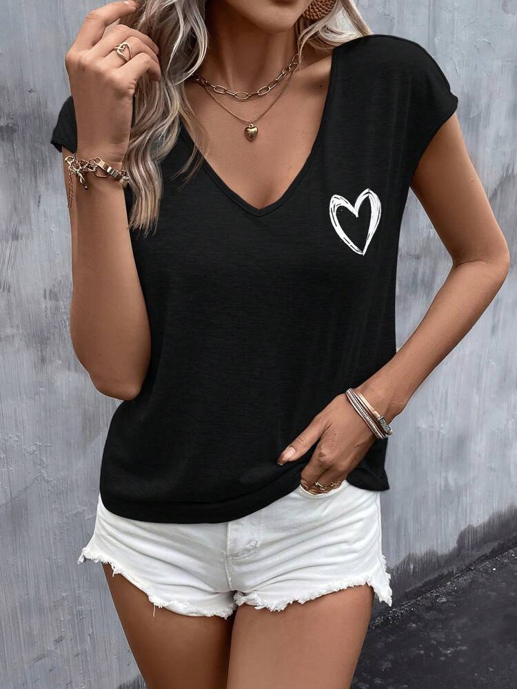 Summer Outfits Heart Print Batwing Sleeve Tee,Casual