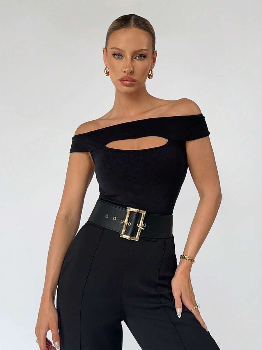 BizChic Off Shoulder Cut Out Front Top Workwear - Black - View 1
