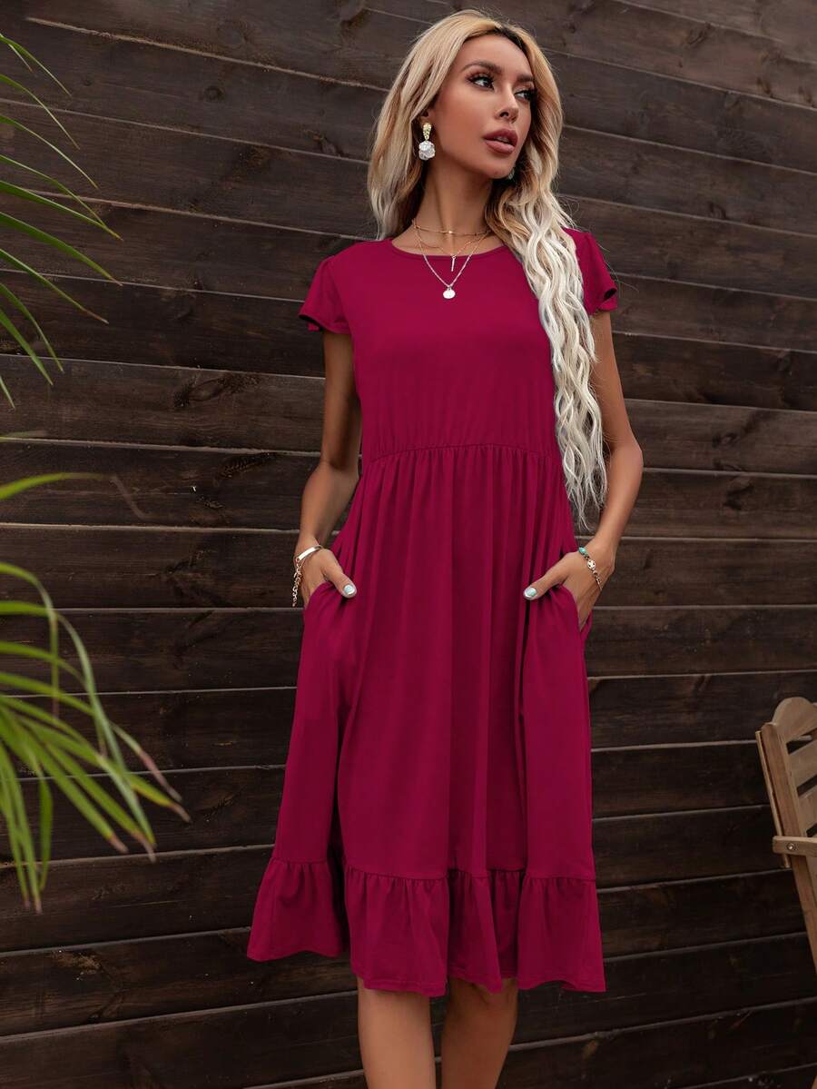 DEARCASE Vestido smock unicolor bajo con fruncido - Burdeos - Ver 1