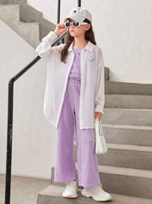 SHEIN Cô gái Tween Slogan Đã vá Thả vai Áo sơ mi & Áo ba lỗ & Quần ống rộng - Nhiều màu - Xem 1