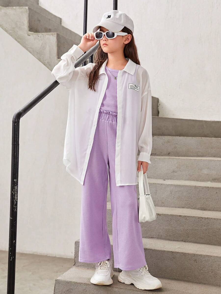 SHEIN Cô gái Tween Slogan Đã vá Thả vai Áo sơ mi & Áo ba lỗ & Quần ống rộng - Nhiều màu - Xem 1