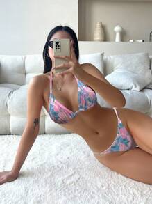 印花掛脖三角杯比基尼泳裝 - 彩色 - 查看 1