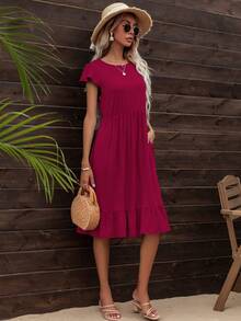 DEARCASE Vestido smock unicolor bajo con fruncido - Burdeos - Ver 3