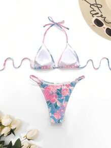 印花掛脖三角杯比基尼泳裝 - 彩色 - 查看 2