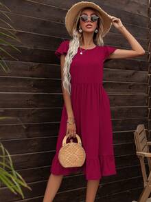 DEARCASE Vestido smock unicolor bajo con fruncido - Burdeos - Ver 4