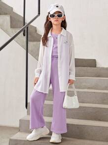 SHEIN Cô gái Tween Slogan Đã vá Thả vai Áo sơ mi & Áo ba lỗ & Quần ống rộng - Nhiều màu - Xem 3