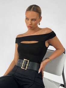 BizChic Off Shoulder Cut Out Front Top Workwear - Black - View 4